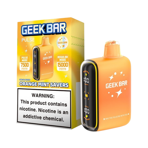 Geek Bar Pulse Savers Edition Orange Mint Savers disposable vape showing packaging and device with smart screen and dual coil system.