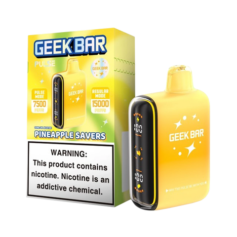 Geek Bar Pulse Savers Edition Pineapple Savers flavor disposable vape with tropical taste, shown with product box and rechargeable device.