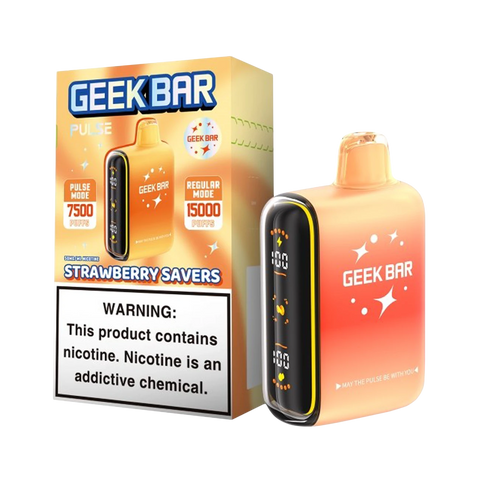 Geek Bar Pulse Savers Edition Strawberry Savers flavor featuring 15,000 puffs, vibrant packaging, and easy-to-use rechargeable vape.