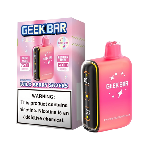 Geek Bar Pulse Savers Edition Wild Berry Savers flavor vape displayed with packaging, highlighting berry blend flavor and large e-liquid capacity.