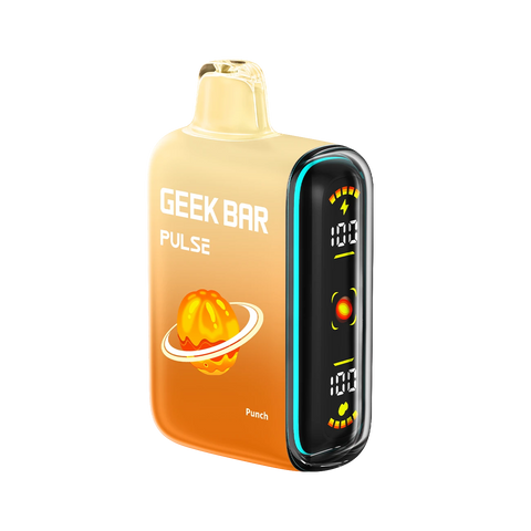 Punch-flavored Geek Bar Pulse 15000 Thermal Edition vape with orange-beige color-changing body and vibrant 3D display.