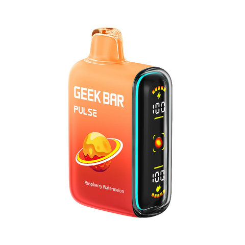 Raspberry Watermelon Geek Bar Pulse 15000 Thermal Edition disposable vape in a red-orange thermochromic case with dual-mode display.