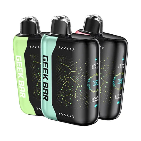 Three Geek Bar Pulse X 25K vape devices in different colors showcasing their innovative 3D curved screens, featuring a variety of tantalizing flavors.