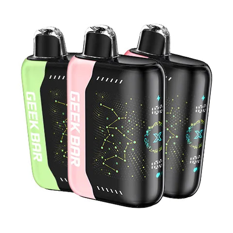 Three Geek Bar Pulse X 25K vape devices in different colors showcasing their innovative 3D curved screens, featuring a diverse selection of delectable flavors.