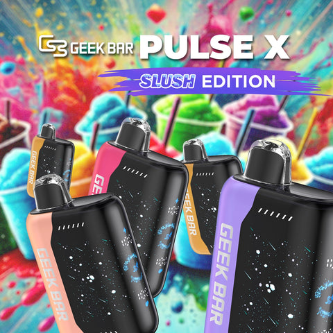 Geek Bar Pulse X Slush Edition – Disposable vapes inspired by fruity slushie flavors with a sleek black design, constellation details, and an ergonomic mouthpiece. Set against a vibrant background of colorful frozen drinks, these devices offer a refreshing vaping experience with multiple flavor options.