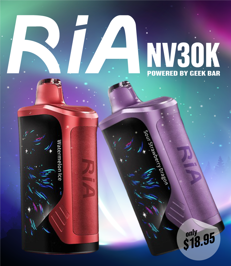 RIA NV30K Disposable vape by Geek Bar. The 3D curved display with Aurora lighting effects and premium leather grip elevate the vaping experience, making it both functional and stylish.