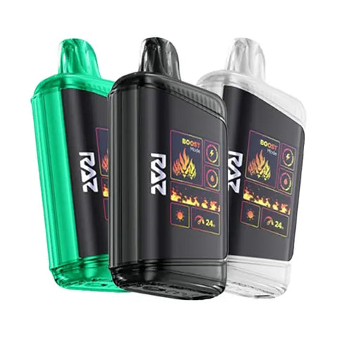 Raz DC25000 Disposable Vape 10 Pack Bundle features three devices in eye-catching colors, including rich black, maximum yellow, and melon, each encased in a luxurious genuine leather wrap and boasting an innovative Mega HD Display screen.