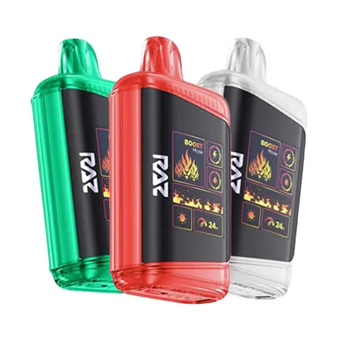 The Raz DC25000 Disposable Vape 3 Pack Bundle, showcasing a trio of devices in various colors and flavors, each featuring a luxurious genuine leather wrap and an innovative Mega HD Display screen for a diverse and cost-effective vaping experience.