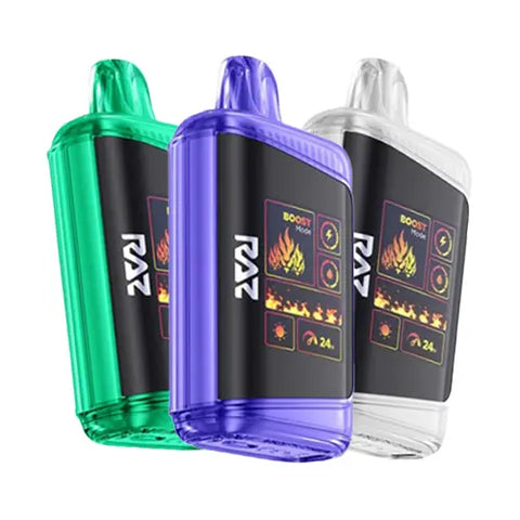 The Raz DC25000 Disposable Vape 5 Pack Bundle showcases three devices in vibrant colors, including deep saffron, tart orange, and turquoise, each featuring a premium genuine leather wrap and a state-of-the-art Mega HD Display screen. The bundle offers a diverse selection of flavors, such as Strawberry Orange Tang, Watermelon Ice, and Wintergreen, providing a cost-effective way to explore a variety of taste sensations while enjoying the advanced features of the Raz DC25000 Disposable Vape.