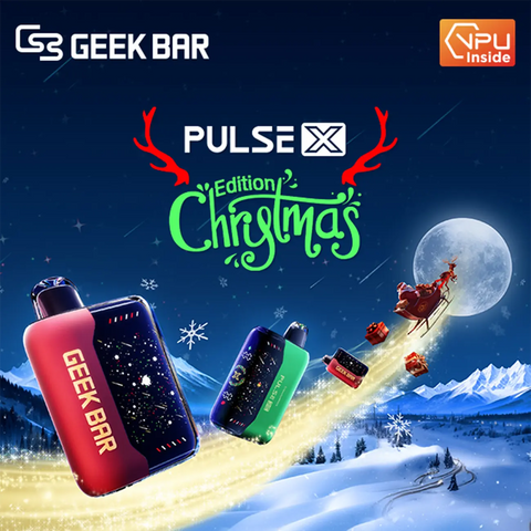 Geek Bar Pulse X Christmas Edition disposable vapes featuring two vibrant holiday-themed designs, showcased in a snowy winter landscape with Santa's sleigh under a full moon. Limited edition holiday vape devices with sleek aesthetics and festive colors.