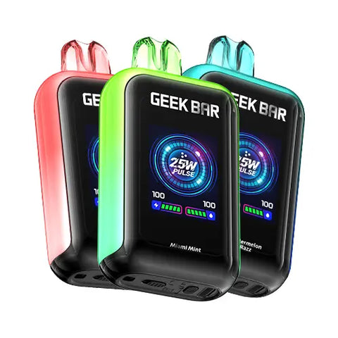 Front view of the Geek Bar Skyview 25K Disposable Vape 10 Pack Bundle, presenting ten devices with large, vibrant 1.8-inch TFT display screens and sleek, modern designs in various colors. The bundle allows you to mix and match your favorite flavors for a personalized vaping experience.