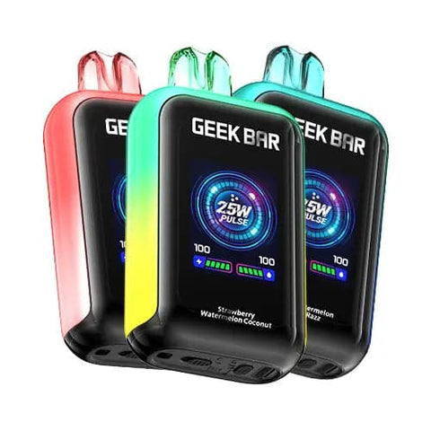 Front view of the Geek Bar Skyview 25K Disposable Vape 3 Pack Bundle, showcasing three devices with large, vibrant 1.8-inch TFT display screens and sleek, modern designs in various colors. The bundle allows you to mix and match your favorite flavors for a personalized vaping experience.