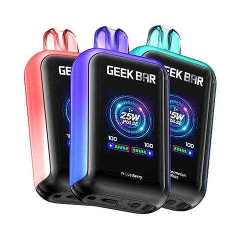 Front view of the Geek Bar Skyview 25K Disposable Vape 5 Pack Bundle, displaying five devices with large, vivid 1.8-inch TFT display screens and sleek, modern designs in assorted colors. The bundle enables you to mix and match your favorite flavors for a personalized vaping experience.