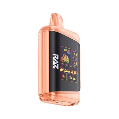 Front view of the vivid tangerine-colored Raz DC25000 Disposable Vape in Georgia Peach flavor, showcasing the genuine leather wrap and innovative Mega HD Display screen for a sleek and flavorful vaping experience.