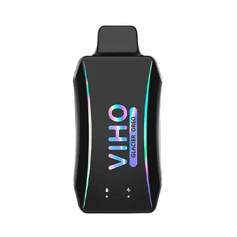 Futuristic VIHO Turbo vape in black with iridescent rainbow logo sits on table, featuring ergonomic contours and rechargeable battery for cooling glacier oreo cookie vaping.