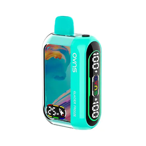 Front view of the Sea green (Crayola) OVNS Dream 25K Vape in Glacier Freeze flavor, highlighting its sleek design, easy-to-read dual screens displaying battery life, e-liquid level, and wattage indicators, and advanced features for a refreshing and exhilarating vaping experience.