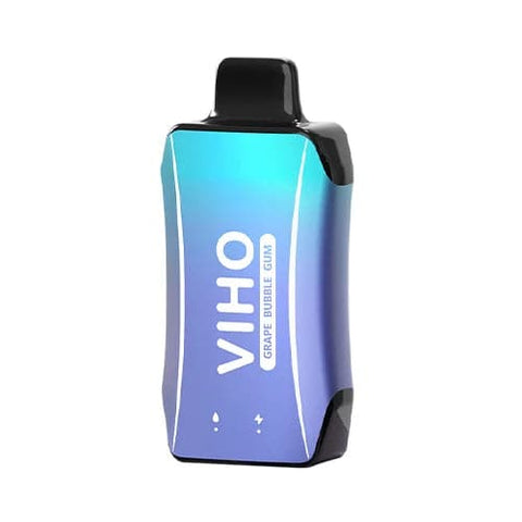 Sleek VIHO Turbo vape in purple and cyan ombre design sits on table, featuring rechargeable battery and ergonomic shape for flavorful grape bubble gum vaping.