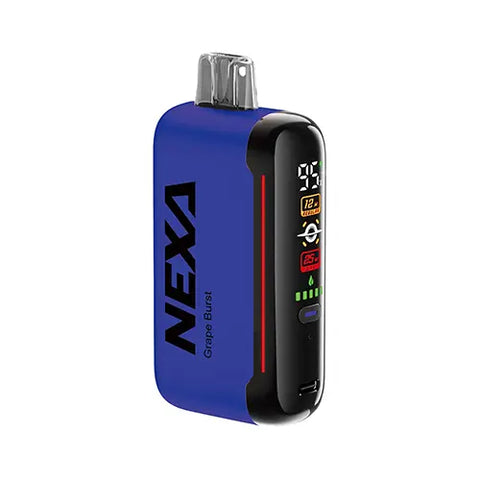 Front view of the NEXA N20000 Disposable Vape in Dark Cornflower Blue color, featuring the advanced 'Mega Screen' display and showcasing the burst of juicy, mouthwatering purple grapes in the Grape Burst flavor.