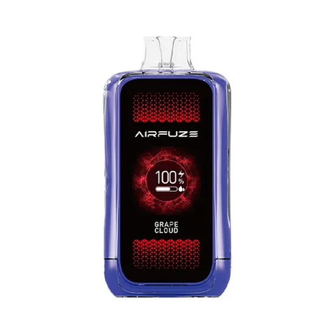 Front view of the liberty-colored Airfuze Jet 20000 Vape in Grape Cloud flavor, showcasing the advanced features such as the clear indicator screen and humanized air regulating valve for a personalized vaping experience.