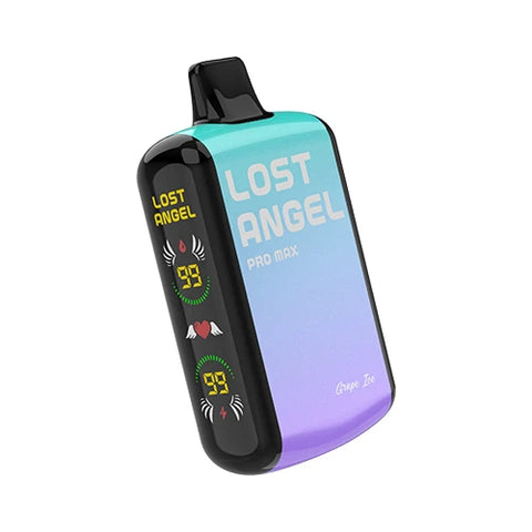 Front view of the Lost Angel Pro Max Vape in a gradient from Mauve to Middle Blue color, highlighting the dual-screen display and sleek design of this disposable vape device filled with the bold and refreshing Grape Ice flavored e-liquid.