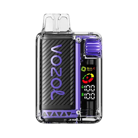 Front view of the MAXIMUM BLUE PURPLE-colored Vozol Vista 16000 Vape in Grape Ice flavor, featuring a transparent modern design with a smart display and 360° wattage adjustment gear for a personalized and refreshing vaping experience.