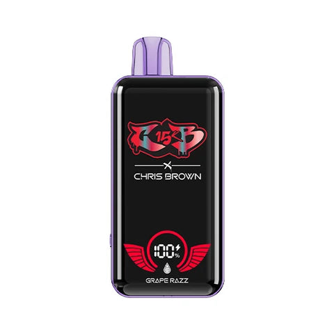 Front view of the lavender Chris Brown CB15K Vape in Grape Razz flavor, showcasing its sleek design, unique display screen, and advanced features for a deliciously fruity vaping experience.