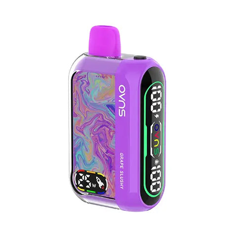 Front view of the Medium orchid OVNS Dream 25K Vape in Grape Slushy flavor, showcasing its sleek design, easy-to-read dual screens with battery life, e-liquid level, and wattage indicators, and advanced features for a nostalgic and satisfying vaping experience.