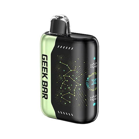 Front view of a tea green Geek Bar Pulse X 25K vape device showcasing its innovative 3D curved screen, featuring the refreshing Grapefruit Refresher flavor.