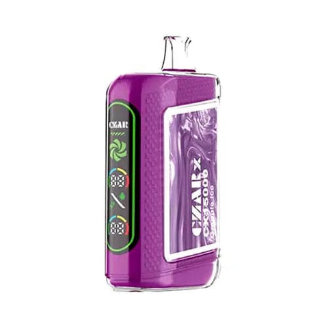 The CZAR CX 15000 Disposable Vape in Grapple Ice flavor, showcasing a stylish Light Plum design with a dual ultra screen display. This innovative CZARx vape offers up to 15,000 puffs, dual mesh coil technology for enhanced flavor extraction, and adjustable airflow for a personalized vaping experience.