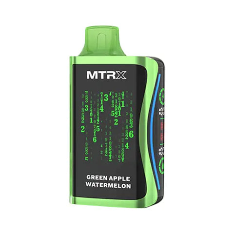 Front view of the vibrant green MTRX MX 25000 disposable vape device in Green Apple Watermelon flavor, showcasing a modern, cyberpunk-inspired design with a smart display for a futuristic and high-tech appearance.