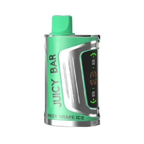 Front view of the medium aquamarine-colored Juicy Bar JB25000 Pro Max disposable vape in Green Grape Ice flavor, showcasing its futuristic design with dual LED screens, 900mAh battery for extended vaping sessions, 19mL e-liquid capacity and advanced super dual mesh coil for optimal flavor and vapor production.
