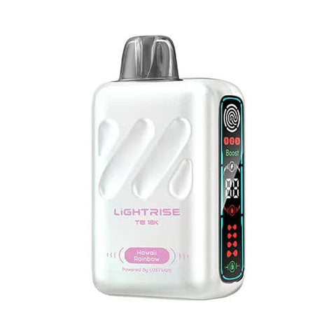 Front view of an anti-flash white Lost Vape Lightrise TB 18K vape device showcasing its sleek and modern design, long screen, and touch button for mode selection, offering a tropical Hawaii Rainbow flavor that transports you to paradise.