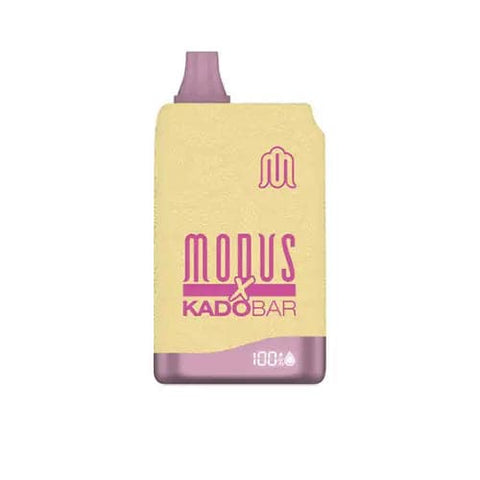 Front view of the yellow and metallic pink Modus X Kado Bar 10000 disposable vape, showcasing its ergonomic shape, logo, and built-in e-juice and battery life display screen.