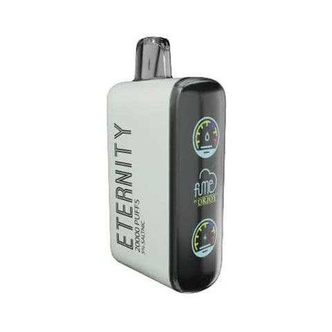 A white Fume Eternity disposable vape device with a digital display screen visible on the front. The screen displays battery life, vaping mode, and e-liquid level. This vape features a refreshing Ice Mint flavored e-liquid.
