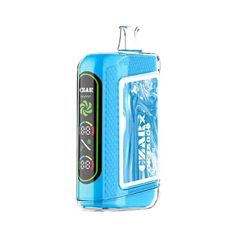 The CZAR CX 15000 Disposable Vape in Iceberg flavor, featuring a sleek Turquoise Blue design with a dual ultra screen display. This cutting-edge CZARx vape delivers up to 15,000 puffs, dual mesh coil technology for enhanced flavor extraction, and adjustable airflow for a personalized vaping experience.