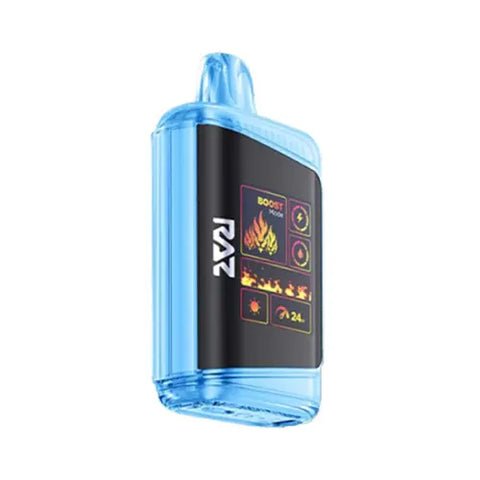 Front view of the Maya blue Raz DC25000 Disposable Vape in Iced Blue Dragon flavor, highlighting the genuine leather wrap and advanced Mega HD Display screen for a sleek and refreshing vaping experience.