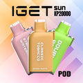 IGET SUN KP20000 disposable vape pod with 20,000 puffs in multiple flavor color variants