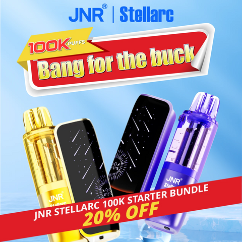 JNR Stellarc vape starter bundle with promotional text on a blue background