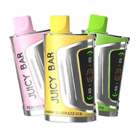 Front view of three Juicy Bar JB25000 Pro Max disposable vapes in different colors and flavors, showcasing their futuristic design with dual LED screens, 900mAh batteries for extended vaping sessions, 19mL e-liquid capacity, and advanced super dual mesh coils for optimal flavor and vapor production.