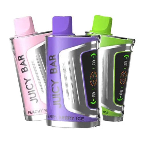 Front view of 3 Juicy Bar JB25000 Pro Max disposable vapes in different colors and flavors, showcasing their futuristic design with dual LED screens, 900mAh batteries for extended vaping sessions, 19mL e-liquid capacity, and advanced super dual mesh coils for optimal flavor and vapor production.