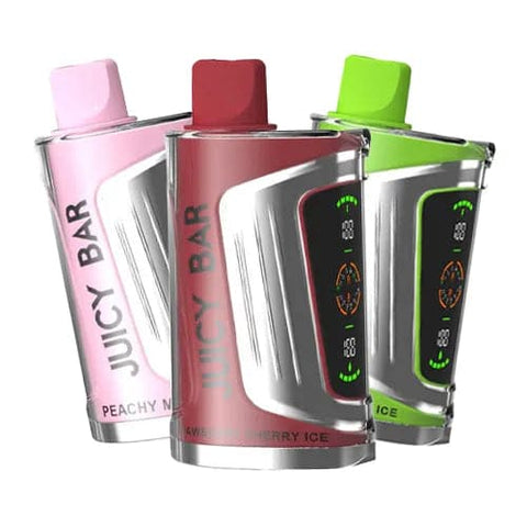 front view of 3 Juicy Bar JB15000 PRO MAX disposable vapes, of different colors and flavors