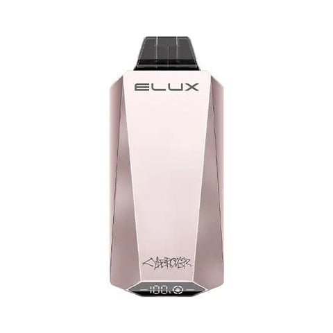 Elux Cyberover 18000 US Edition Vape in stainless steel and rose pink metallic color, showcasing a sharp, sleek, and luxurious exterior that can withstand heavy usage and occasional drops. The futuristic and minimalistic elements, such as the brand's logo on the top and the "CYBEROVER" graffiti on the bottom, reflect the "CYBER" aspect of its branding in a semi-professional and hipster-looking way, evoking the TESLA Cybertruck. 