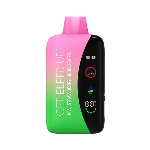 The front view of the innovative VPR GET ELF'ED UP vape is shown with a gradient of bright colors dark green and light pink, featuring 18000+ puffs, 18ml e-liquid capacity, 5.0% nicotine strength, LED screen display, and USB-C rechargeable battery, infused with the delightful Kiwi Strawberry flavor.