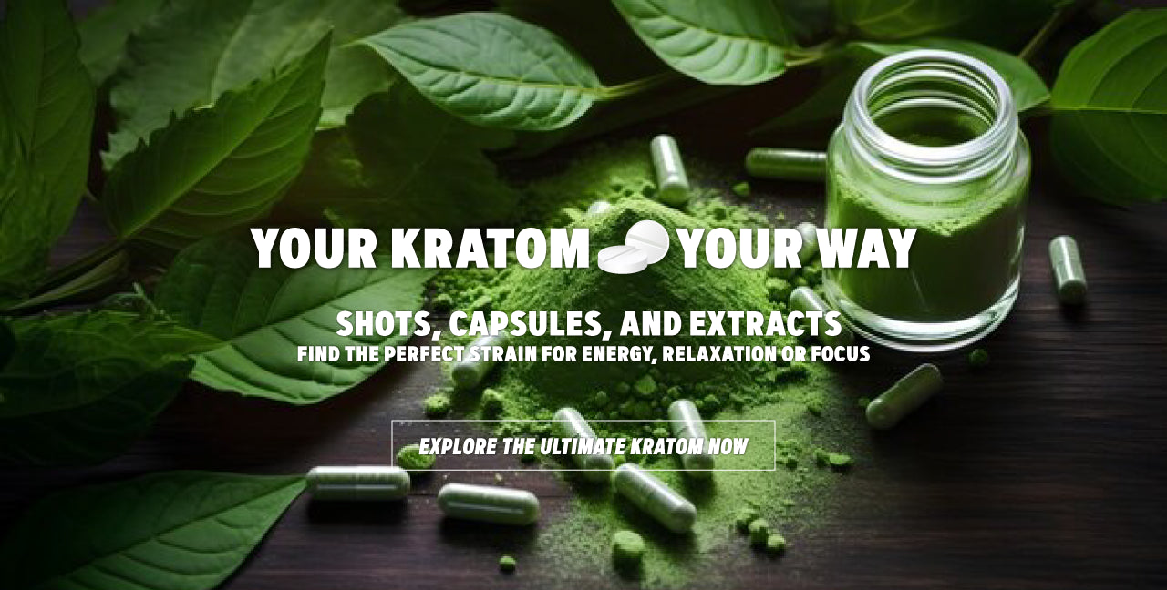 Kratom powder, capsules, and extracts displayed with fresh leaves, promoting customizable kratom options for energy, relaxation, or focus.