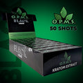 OPMS Black Liquid Kratom Extract 50 Shots – High-Potency Kratom Extract in a Black Box Display. Premium OPMS Black liquid shots, neatly arranged in a branded black packaging with green accents, featuring the signature OPMS logo. Designed for kratom users seeking a strong and concentrated kratom experience.