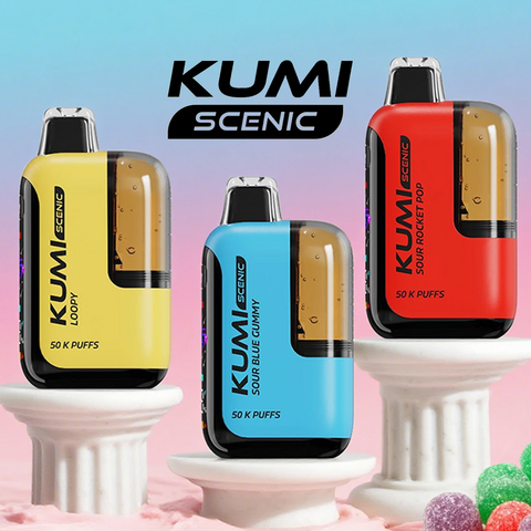 Kumi Scenic 50K Puffs Disposable Vape with digital screen, soft drip tip, and visible 22mL tank system