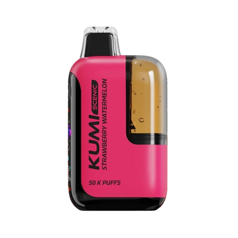 Kumi Scenic 50K Vape in Strawberry Watermelon flavor with vibrant red-green gradients and fruit icons