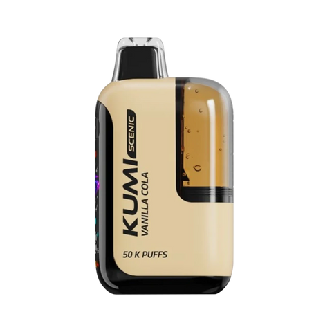 Kumi Scenic 50K Vape in Vanilla Cola flavor with nostalgic soda-inspired graphics and soft brown tones