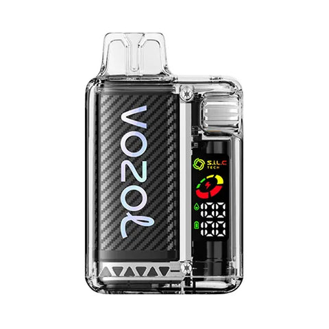 Front view of the white Vozol Vista 16000 Vape, showcasing a transparent modern design with a smart display and 360° wattage adjustment gear for a personalized vaping experience.