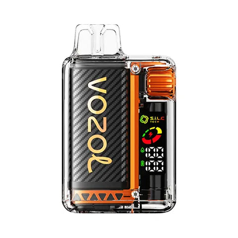 Front view of the TOBIKO ORANGE-colored Vozol Vista 16000 Vape, featuring a transparent modern design with a smart display and 360° wattage adjustment gear for a personalized vaping experience.